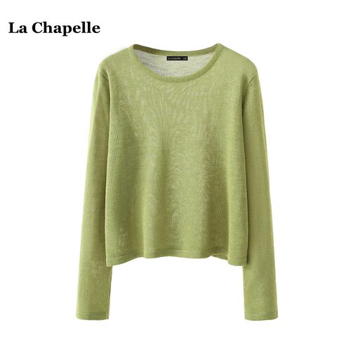 拉夏贝尔/La Chapelle韩系简约纯色长袖针织衫百搭圆领薄款上衣女