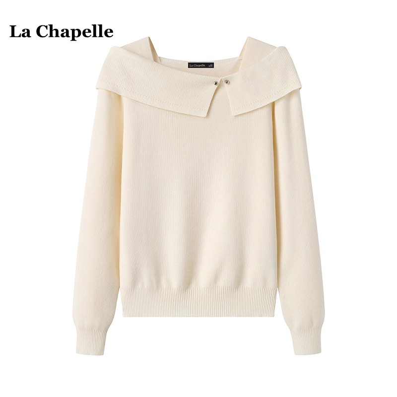 拉夏贝尔/La Chapelle设计感一字肩翻领毛衣女冬季法式气质针织衫