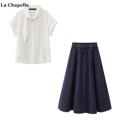 拉夏贝尔/La Chapelle夏季甜美兔耳朵飘带衬衫牛仔半身裙俩件套女