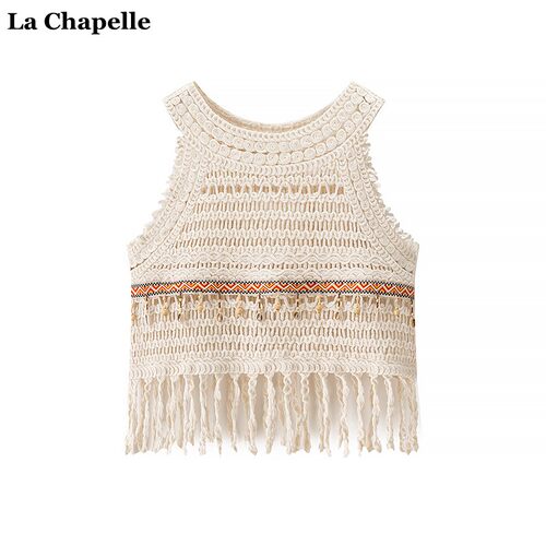 拉夏贝尔/La Chapelle民族风镂空无袖吊带背心女夏季外穿流苏上衣