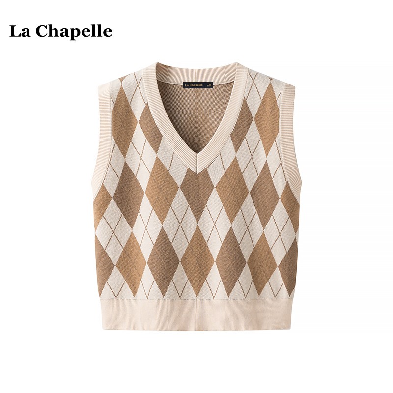 拉夏贝尔/La ChapelleV领菱形格针织马甲女秋冬新款百搭背心毛衣