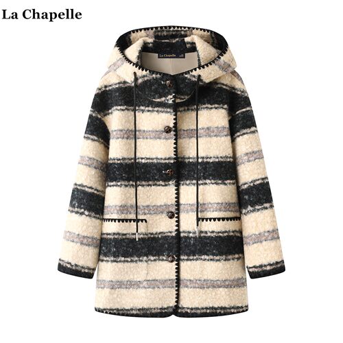 拉夏贝尔/La Chapelle韩系撞色条纹连帽外套女秋冬保暖圈圈毛上衣