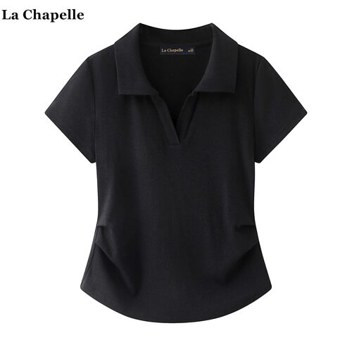 拉夏贝尔/La Chapelle收腰褶皱翻领短袖T恤女夏季新款设计感上衣