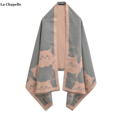 拉夏贝尔/La Chapelle撞色猫咪印花针织披肩女秋冬仿羊绒双面围巾