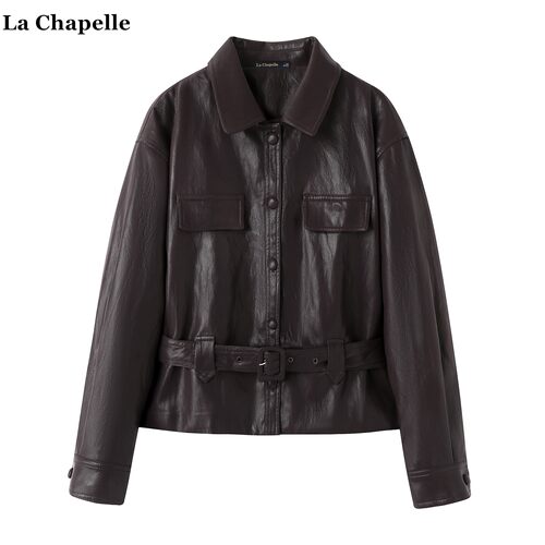拉夏贝尔/La Chapelle复古咖色皮衣外套女秋季新款高级感夹克上衣