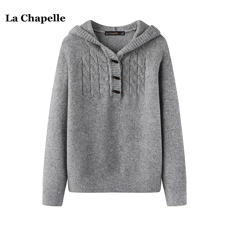 拉夏贝尔/La Chapelle秋冬新款灰色连帽针织衫女宽松套头毛衣上衣