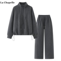 拉夏贝尔/La Chapelle冬季半拉链加绒卫衣高腰阔腿裤休闲俩件套女