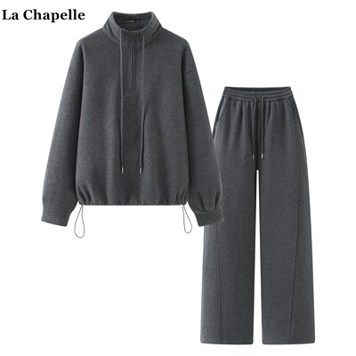 拉夏贝尔/La Chapelle冬季半拉链加绒卫衣高腰阔腿裤休闲俩件套女