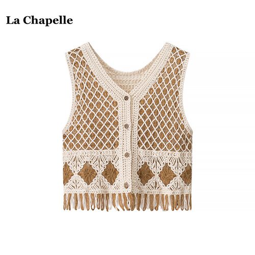拉夏贝尔/La Chapelle民族风镂空钩花马甲背心女夏季叠穿V领上衣