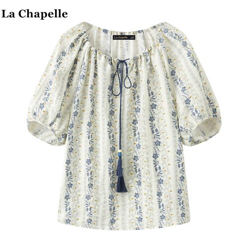 拉夏贝尔/La Chapelle复古流苏印花短袖衬衫女夏季民族风气质小衫