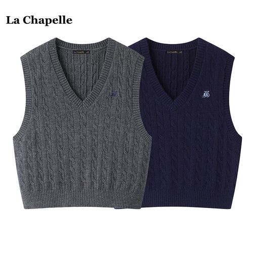 拉夏贝尔/La Chapelle麻花针织马甲女春季新款复古无袖背心针织衫