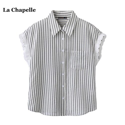 拉夏贝尔/La Chapelle蕾丝拼接飞飞袖衬衫女夏季新款条纹短袖上衣
