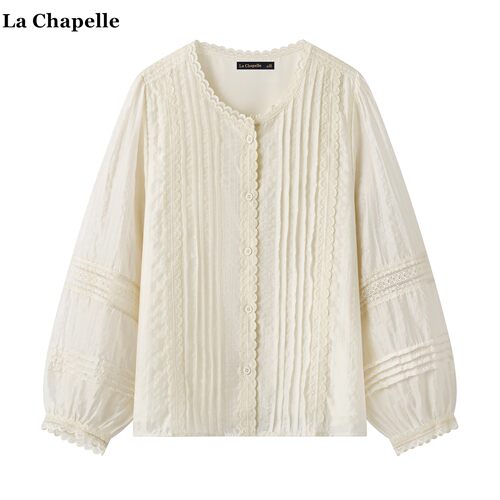 拉夏贝尔/La Chapelle蕾丝拼接圆领衬衫女秋季新款法式灯笼袖衬衣