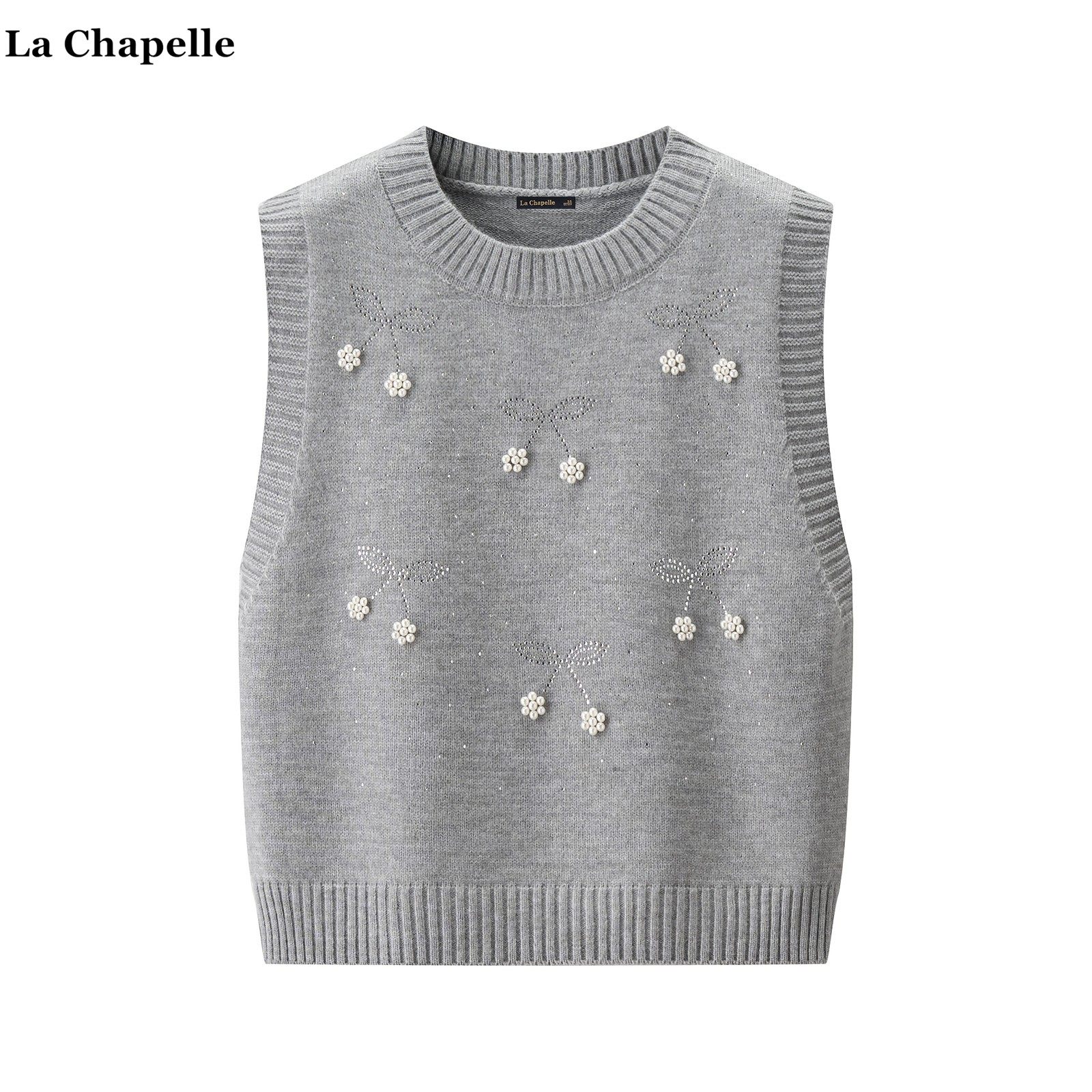 拉夏贝尔/La Chapelle灰色蝴蝶结钉珠马甲女秋冬新款针织背心毛衣