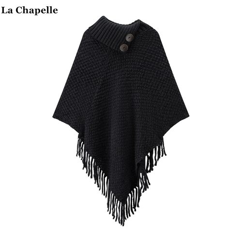 拉夏贝尔/La Chapelle设计感高领针织披肩斗篷女保暖流苏毛衣披风