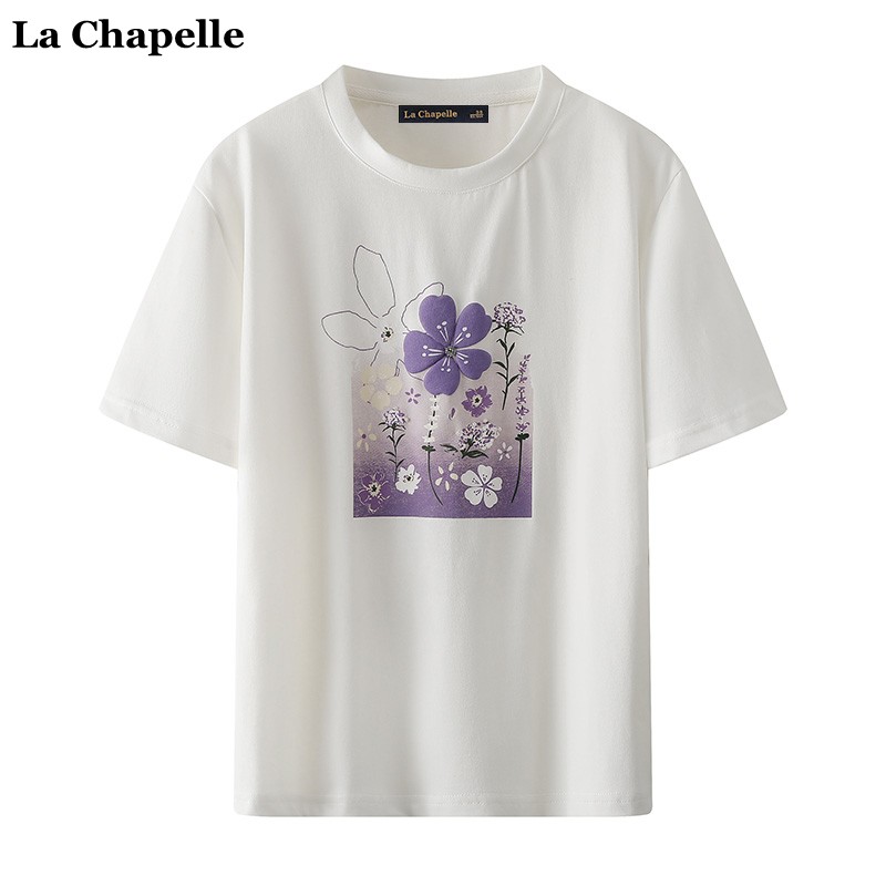 拉夏贝尔/La Chapelle春夏设计感小众印花圆领白色t恤女休闲上衣