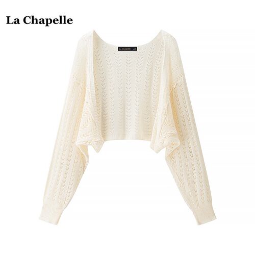 拉夏贝尔/La Chapelle杏色镂空长袖针织开衫女夏季外搭防晒衫坎肩