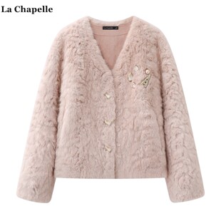 拉夏贝尔/La Chapelle冬季新款小香风粉色毛毛外套女皮毛一体上衣