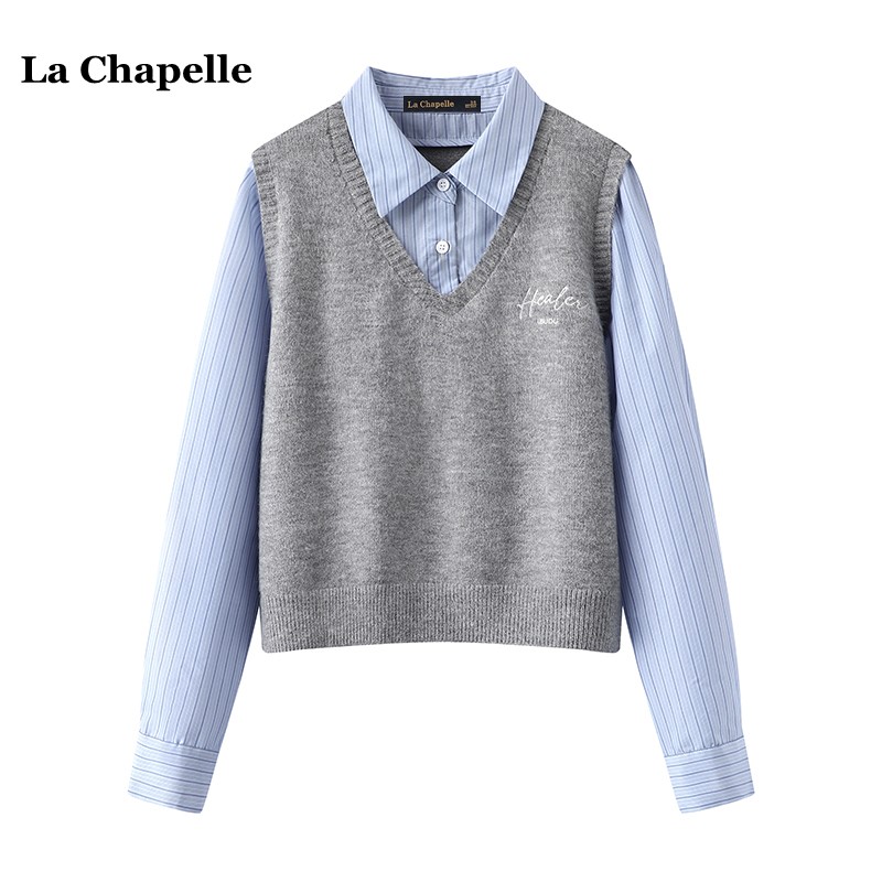 拉夏贝尔/La Chapelle学院风假俩件长袖针织衫女春季新款绣花毛衣