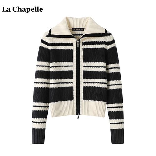 拉夏贝尔大翻领撞色条纹针织衫
