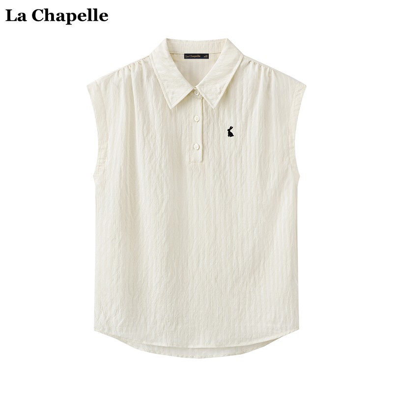拉夏贝尔/La Chapelle法式条纹衬衫女夏季新款设计感polo刺绣衬衣