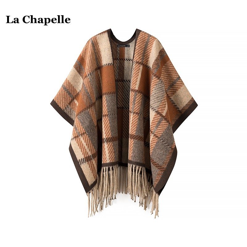 拉夏贝尔/La Chapelle韩版美拉德高级披肩外搭女格子斗篷流苏围巾