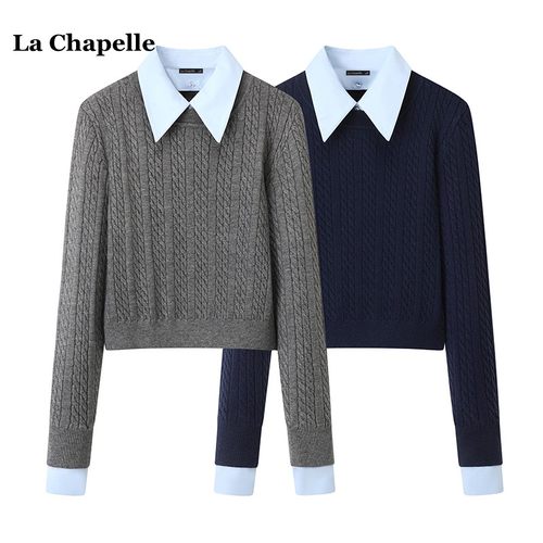 拉夏贝尔/La Chapelle秋季假两件套头毛衣拼接衬衫领针织衫上衣女