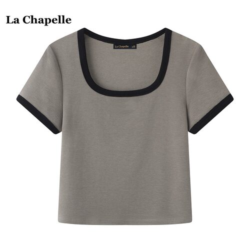 拉夏贝尔/La Chapelle法式方领短袖T恤女夏季新款休闲打底衫上衣