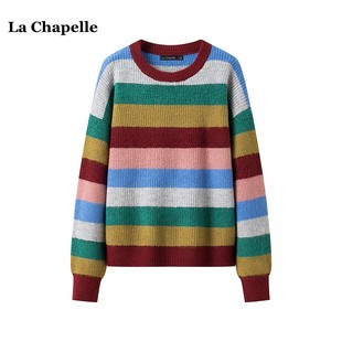 拉夏贝尔/La Chapelle秋季彩虹条纹针织衫女宽松百搭套头毛衣上衣