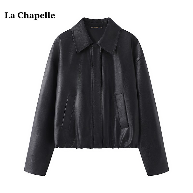 拉夏贝尔/La Chapelle复古黑色PU皮衣女春季新款翻领机车外套夹克