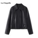 新款 Chapelle复古黑色PU皮衣女春季 翻领机车外套夹克 拉夏贝尔