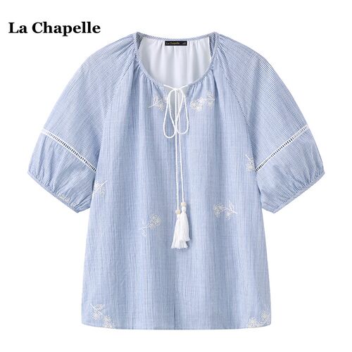 拉夏贝尔/La Chapelle民族风系带短袖衬衫女夏季新款镂空圆领上衣