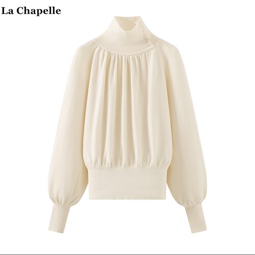 拉夏贝尔/La Chapelle法式高领灯笼袖毛衣女秋冬款收腰显瘦针织衫