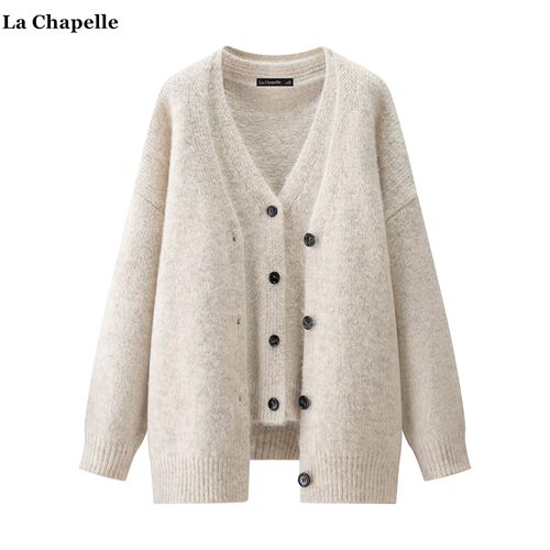 拉夏贝尔/La Chapelle秋冬软糯V领背心针织开衫俩件套宽松毛衣女