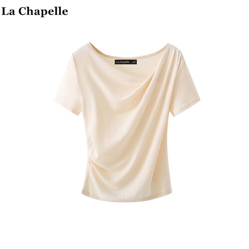 拉夏贝尔/La Chapelle设计感正肩短袖T恤女夏季修身收腰露肩上衣