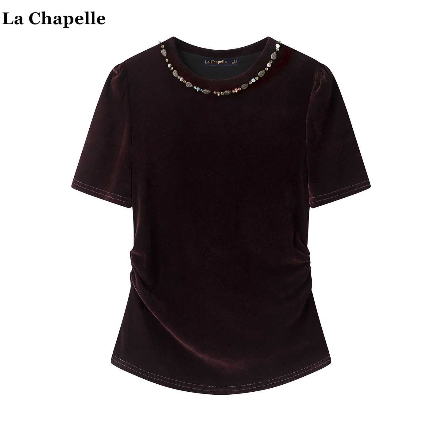 拉夏贝尔/La Chapelle设计感钉珠丝绒短袖T恤女秋季褶皱修身上衣