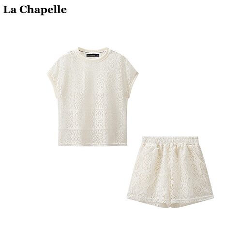 拉夏贝尔/La Chapelle夏季蕾丝套装女纯色圆领镂空上衣短裤俩件套