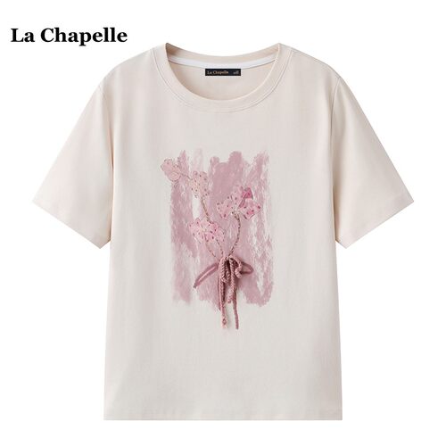 拉夏贝尔/La Chapelle圆领印花短袖T恤女夏季新款蝴蝶结短袖上衣