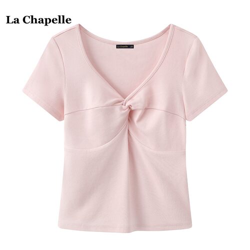 拉夏贝尔/La Chapelle扭结v领短袖t恤女夏季新款修身显瘦正肩上衣