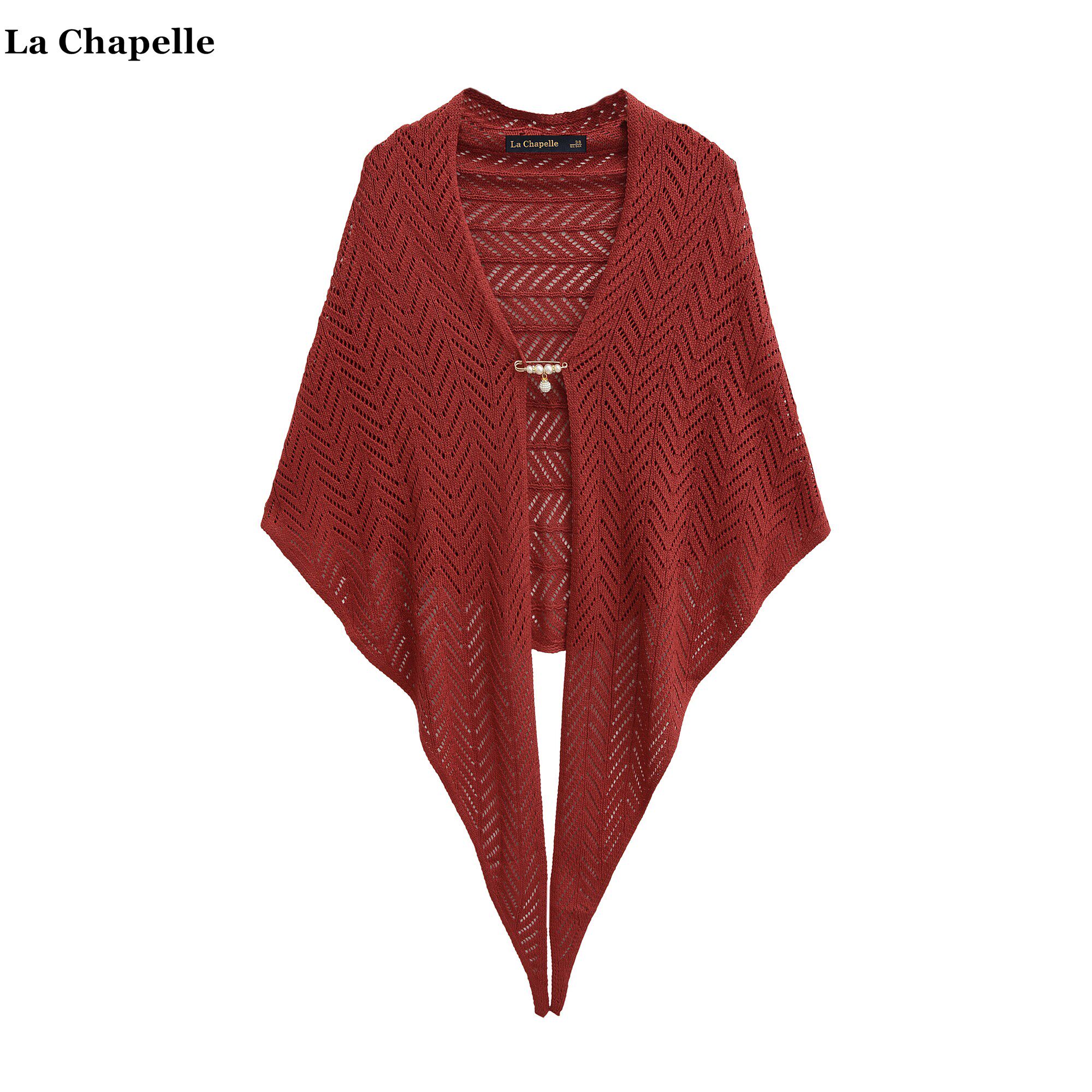 拉夏贝尔/La Chapelle新中式三角针织披肩女红色镂空外搭斗篷围巾
