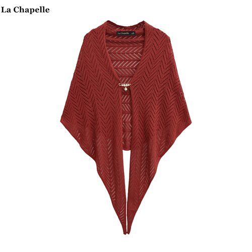 拉夏贝尔/La Chapelle新中式三角针织披肩女红色镂空外搭斗篷围巾