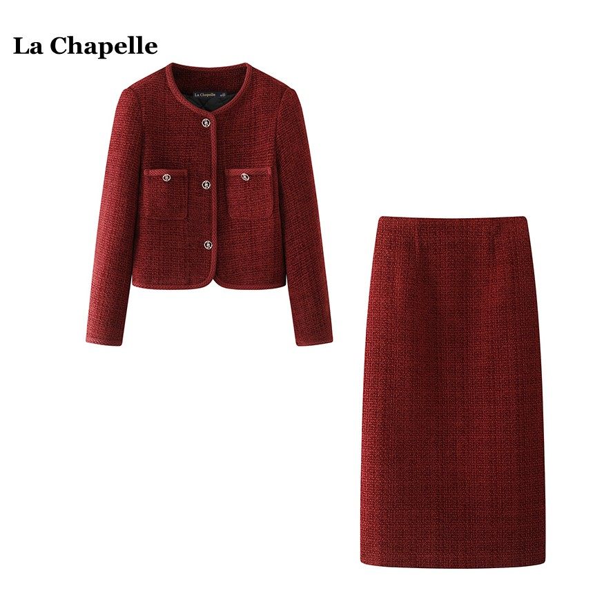 拉夏贝尔/La Chapelle冬季小香风夹棉加厚红色短外套半身裙套装女,女装/女士精品,时尚套装,淘宝优惠券,粉丝福利购,淘宝优惠卷