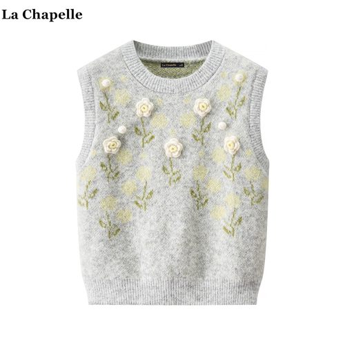 拉夏贝尔/La Chapelle立体花朵针织背心马甲女秋冬季叠穿毛衣坎肩