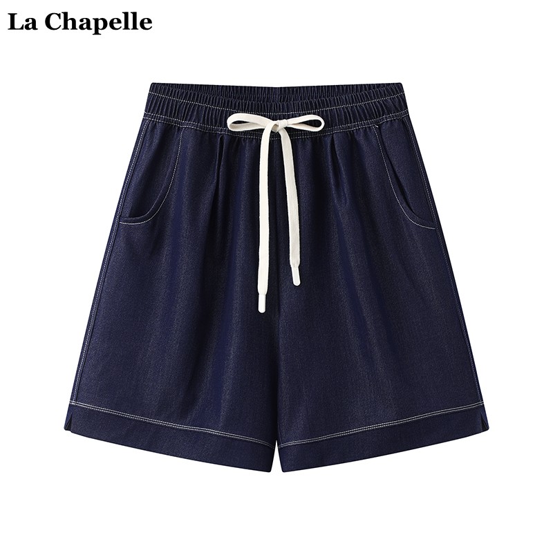 拉夏贝尔/La Chapelle韩系天丝牛仔短裤女夏季松紧腰宽松阔腿裤子