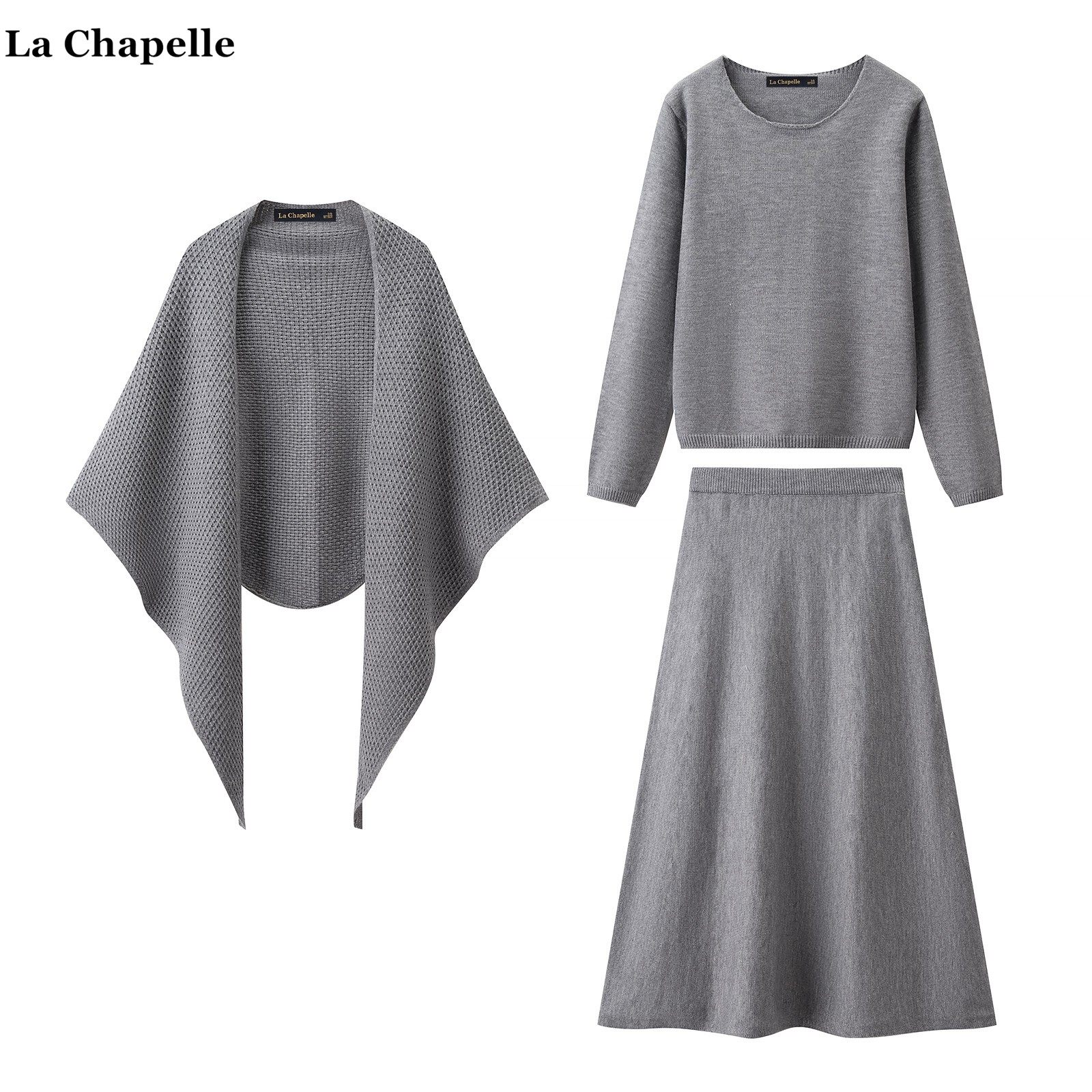 拉夏贝尔/La Chapelle秋冬款套头针织衫围巾半身裙灰色三件套装女
