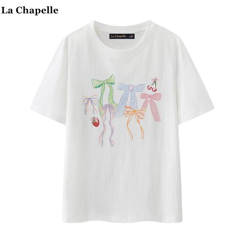 拉夏贝尔/La Chapelle蝴蝶结印花短袖T恤女春夏新款百搭宽松上衣