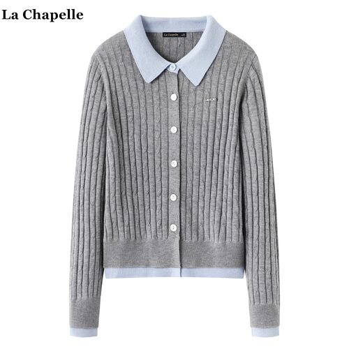 拉夏贝尔/La Chapelle撞色假两件针织开衫女秋冬款miu系灰色毛衣