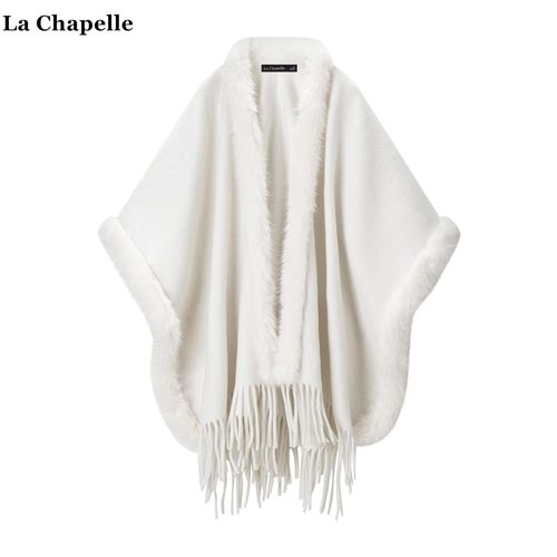 拉夏贝尔/La Chapelle白色毛领披肩女外搭冬季名媛风气质斗篷开衫