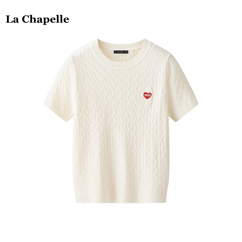 拉夏贝尔/La Chapelle韩系麻花短袖针织衫女春季法式刺绣宽松T恤