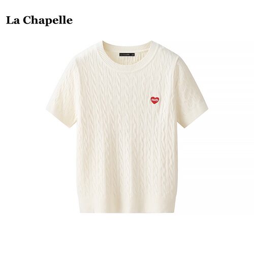 拉夏贝尔/La Chapelle韩系麻花短袖针织衫女春季法式刺绣宽松T恤